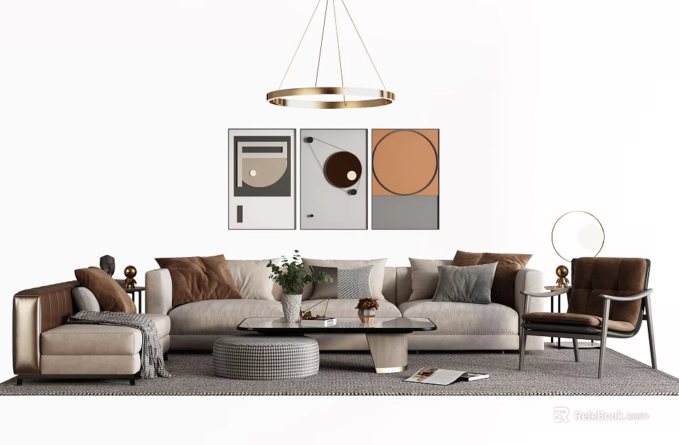 Modern Sofa Coffee Table Combination With Abstract Wall Art Pendant Light And Decorative Pillows 3d model