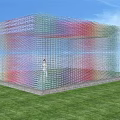 Colorful Transparent Pergola With Glass Panels And Standing Figure On Green Grass Under Blue Sky
