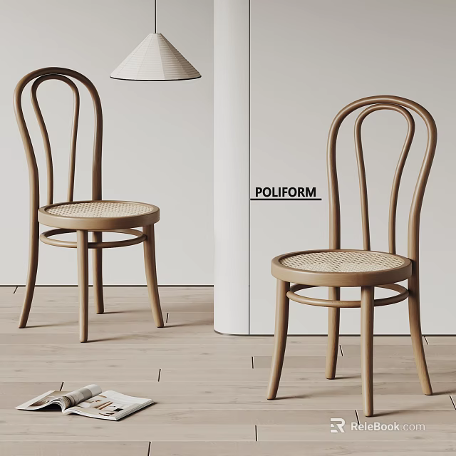 Modern Wooden Dining Chairs with Curved Legs and Woven Seat Design 3d model 