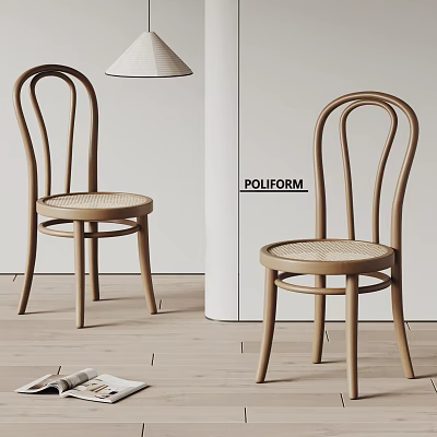 Modern Wooden Dining Chairs with Curved Legs and Woven Seat Design 3d model