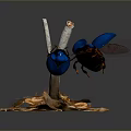 Blue Beetles One Flying And One Perched On White Branch With Dried Leaves Red Flowers