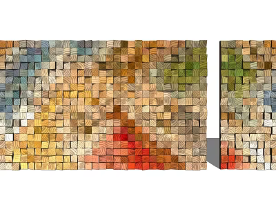 Building Exterior Wall Constructed with Colorful Wooden Blocks in Mosaic Pattern 3d model