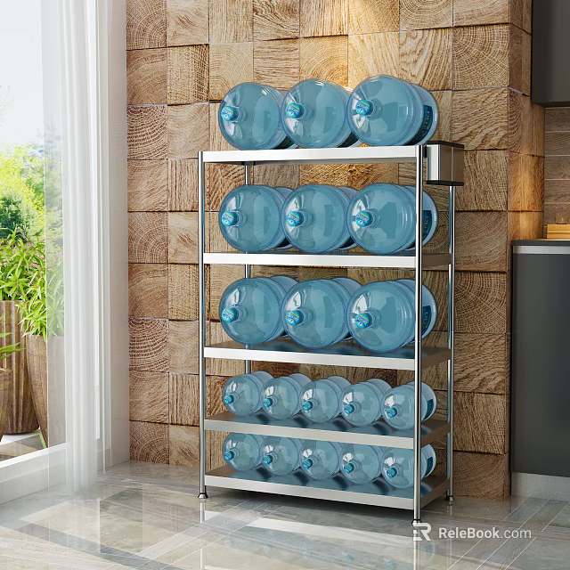Stainless Steel Multi Tier Storage Rack With Blue Water Jugs In Kitchen Against Brick Wall 3d model 