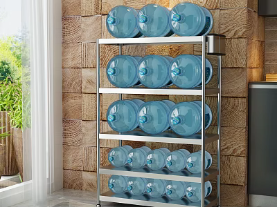 Stainless Steel Multi Tier Storage Rack With Blue Water Jugs In Kitchen Against Brick Wall 3d model