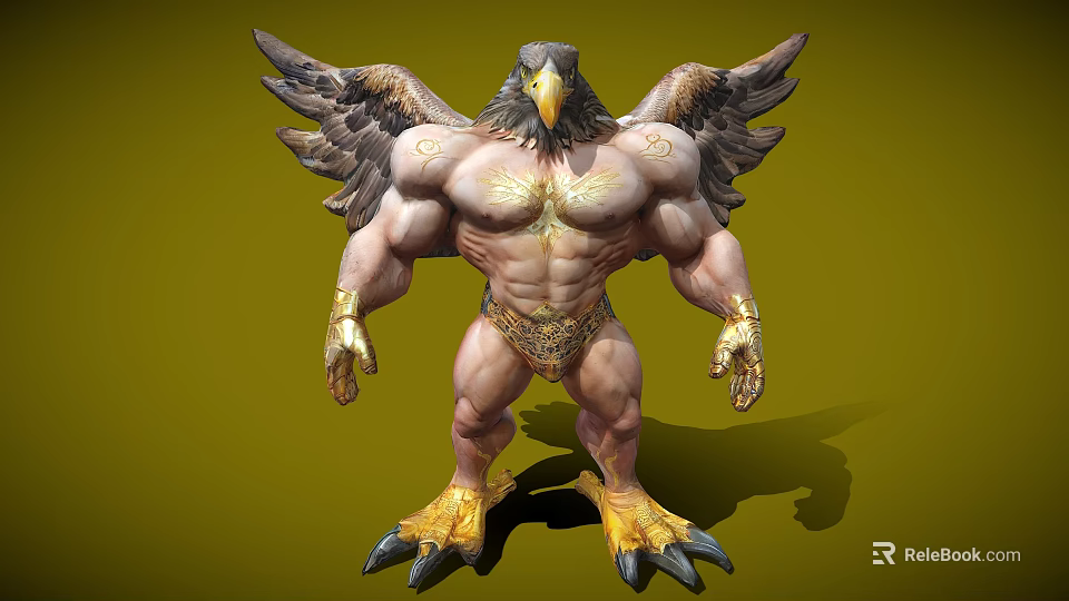 Eagle Headed Humanoid Creature With Muscular Body Large Wings Golden Chest Decorations And Sharp Claws 3d model 