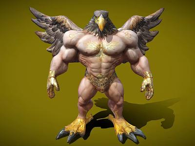 Eagle Headed Humanoid Creature With Muscular Body Large Wings Golden Chest Decorations And Sharp Claws 3d model