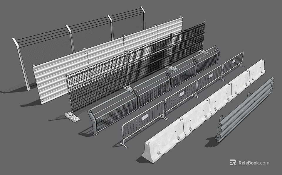Various Types of Security Fencing Including Metal Mesh and Concrete Barriers 3d model 