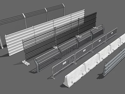 Various Types of Security Fencing Including Metal Mesh and Concrete Barriers 3d model