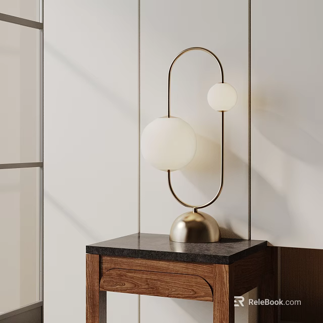 Modern Arched Metal Table Lamp With White Spherical Shades On Black Countertop Wooden Cabinet 3d model 