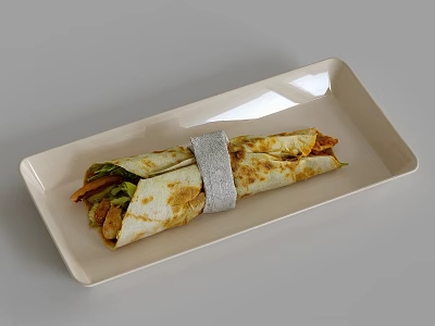 Delicious Fresh Wrap With Vegetables And Meat Filling On Beige Rectangular Platter 3d model