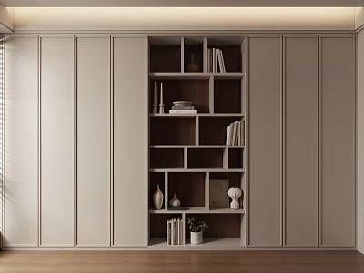 Modern Bookcase with Multiple Shelves Books Decorative Vases and Potted Plant in Minimalist Interior 3d model