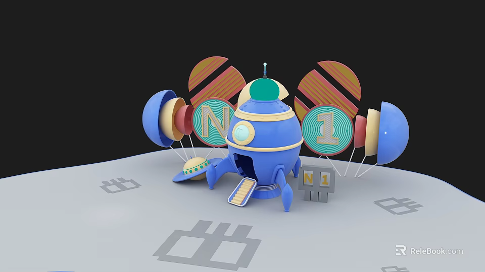 Cartoon Blue Rocket Photo Check in Spot With Colorful Circular Decor Letters N and 1 3d model 