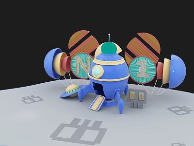 Cartoon Blue Rocket Photo Check in Spot With Colorful Circular Decor Letters N and 1 3d model