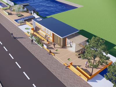Modern Outdoor Public Space With Wooden Deck Blue Roof Building Water Area Greenery And Pedestrians 3d model