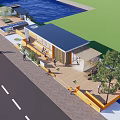Modern Outdoor Public Space With Wooden Deck Blue Roof Building Water Area Greenery And Pedestrians