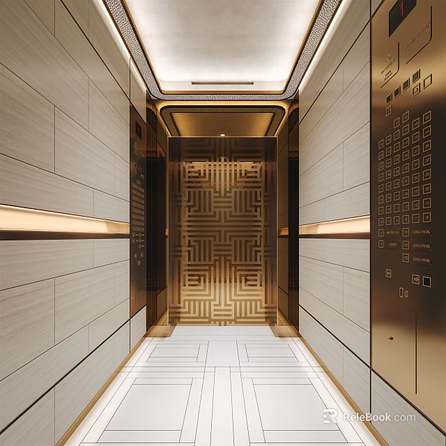 Modern Elevator Lobby With Light Colored Walls Golden Accents Geometric Pattern And Floor Tiles 3d model 