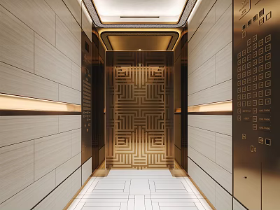 Modern Elevator Lobby With Light Colored Walls Golden Accents Geometric Pattern And Floor Tiles 3d model
