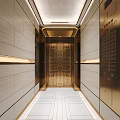 Modern Elevator Lobby With Light Colored Walls Golden Accents Geometric Pattern And Floor Tiles