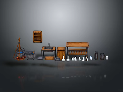 Rustic Kitchen Scene Components With Wooden Shelf Table Utensils And Containers 3d model