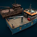 Blue And Old Vessels 3D Model With Deck Equipment And Structures
