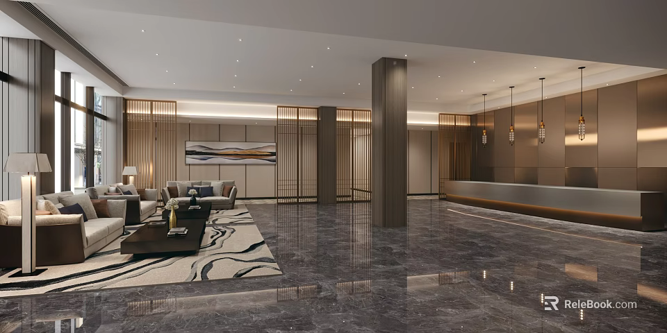 Modern Hotel Lobby Interior With Marble Floor Sofa Seating And Reception Desk 3d model 