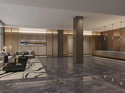 Modern Hotel Lobby Interior With Marble Floor Sofa Seating And Reception Desk 3d model