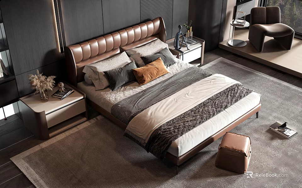 Modern Double Bed with Leather Headboard Pillows Bedding Bedside Tables Rug and Ottoman 3d model 