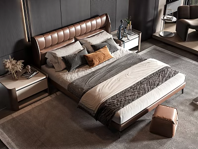 Modern Double Bed with Leather Headboard Pillows Bedding Bedside Tables Rug and Ottoman 3d model
