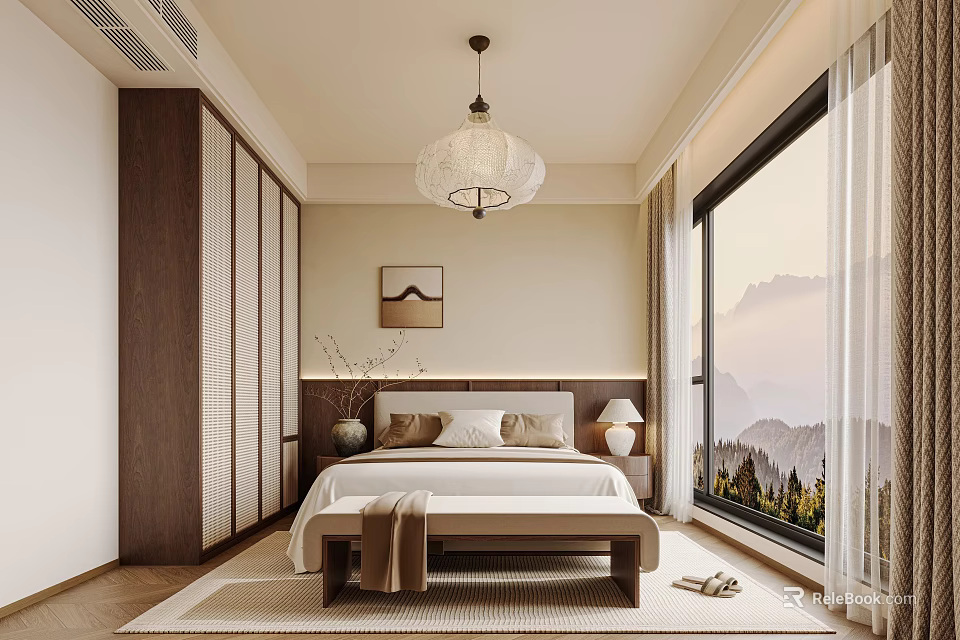 Serene Bedroom Interior With Hanging Lamp Bench At Foot Of Bed And Mountain View Window 3d model 
