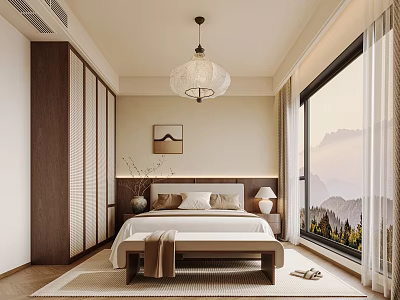 Serene Bedroom Interior With Hanging Lamp Bench At Foot Of Bed And Mountain View Window 3d model