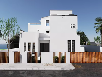 Modern White Two Story Detached Villa With Wooden Fence Trees And Blue Sky 3d model