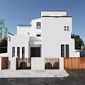 Modern White Two Story Detached Villa With Wooden Fence Trees And Blue Sky