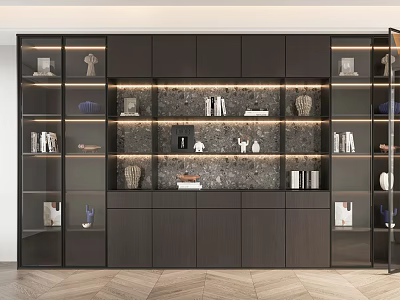 Modern Dark Wood Display Cabinet With Glass Doors Decorative Items And Stone Backdrop 3d model