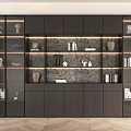 Modern Dark Wood Display Cabinet With Glass Doors Decorative Items And Stone Backdrop