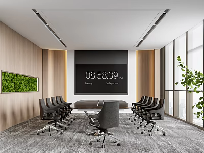 Modern Conference Room With Large Screen Green Plant Wall And Comfortable Chairs 3d model