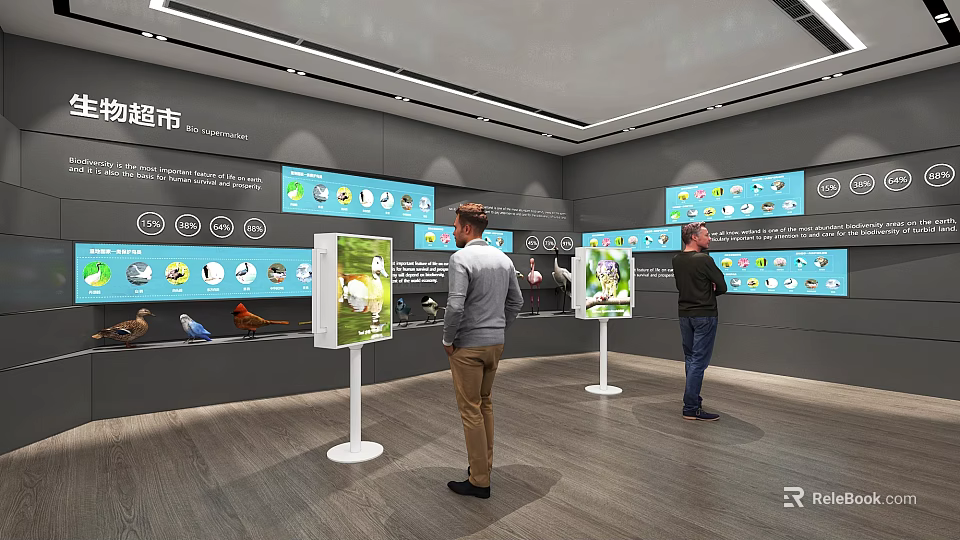 Modern Exhibition Hall With Visitors Viewing Display Boards Displaying Images And Wall Screens With Icons 3d model 