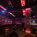 Modern Bar Interior With Colorful Neon Lights LED Screen And Comfortable Orange Seating