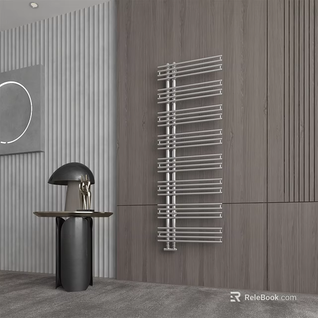 Modern Wall Mounted Metal Radiator In Stylish Interior With Wooden Panels And Decorative Lamp 3d model 