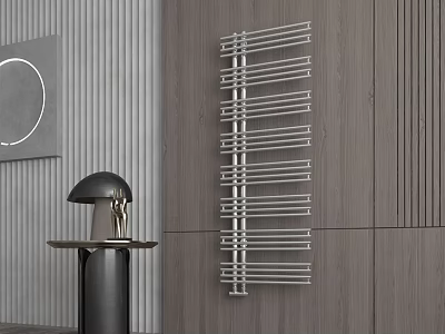 Modern Wall Mounted Metal Radiator In Stylish Interior With Wooden Panels And Decorative Lamp 3d model