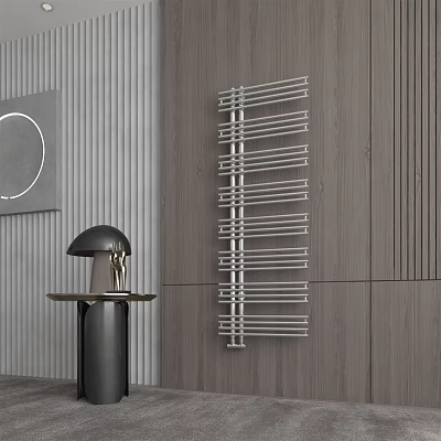 Modern Wall Mounted Metal Radiator In Stylish Interior With Wooden Panels And Decorative Lamp 3d model