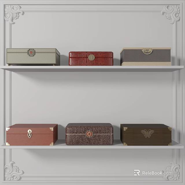 Metal Display Shelves With Various Decorative Boxes In Different Colors And Designs 3d model 