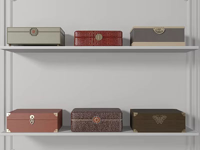 Metal Display Shelves With Various Decorative Boxes In Different Colors And Designs 3d model