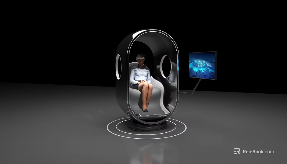 Futuristic Egg Shaped Seat Person Wearing VR Headset With Display Screen Showing City Night View 3d model 