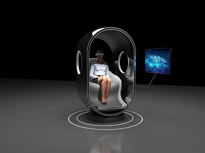 Futuristic Egg Shaped Seat Person Wearing VR Headset With Display Screen Showing City Night View 3d model