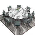 Elegant Dining Table Set With Upholstered Chairs Decorative Vase Wine Glasses On Patterned Rug 3d model