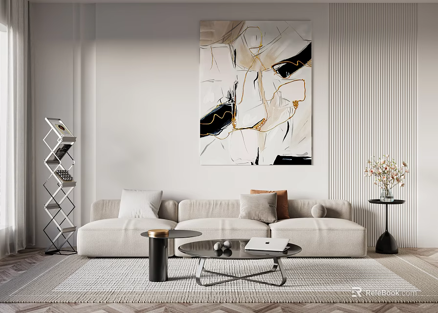 Light Colored Three Seater Sofa With Modern Abstract Painting And Geometric Side Table 3d model