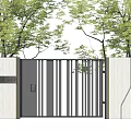 Garden Courtyard Entrance With Metal Gate Vertical Slats And Lush Trees