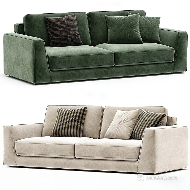 Modern Two Seater Sofa with Green and Beige Upholstery and Decorative Cushions 3d model 
