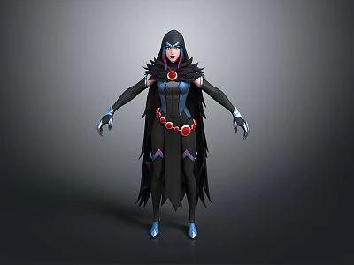 Hooded Female Character Costume With Black Cloak Blue Purple Outfit Red Accents And Blue Boots 3d model