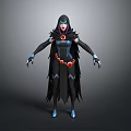 Hooded Female Character Costume With Black Cloak Blue Purple Outfit Red Accents And Blue Boots